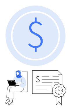 Laptop kullanan tesettürlü bir kadın, büyük boy dolar sembolü, kurdeleli ve saatli bir finans sertifikası. Serbest finans, dijital iş, sözleşmeli işler, uzaktan çalışma, kazançlar, teslim tarihleri için ideal