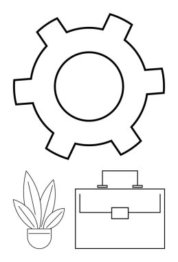Geniş teçhizat iş ve üretkenliği temsil ederken, saksı bitkisi doğayı ve büyümeyi, evrak çantası ise profesyonelliği ve kariyeri simgeliyor. İş için ideal, takım çalışması, eko-bilinç, organizasyon