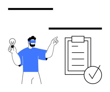 Sanal gerçeklik gözlüğü takan biri ampul tutuyor ve kontrol işaretli bir listeye işaret ediyor. Yenilik için ideal, üretkenlik, planlama, teknoloji, yaratıcılık, eğitim, soyut çizgi