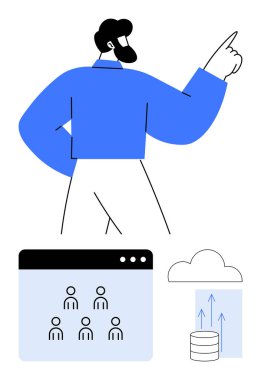 El hareketleriyle yöneten kişi, ekip ekran arayüzü, veri yükleyen bulut deposu. Liderlik, takım çalışması, bulut hesaplama, yenilik, hedef belirleme, veri yönetimi soyut çizgisi için ideal