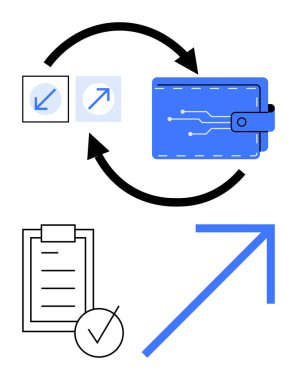 Devreli mavi cüzdan, veri alışverişini gösteren eğri oklar, keneli kontrol listesi ve büyümeyi simgeleyen yukarı doğru ok. Fintech, ödemeler, izleme, analiz, teknoloji finansmanı için ideal