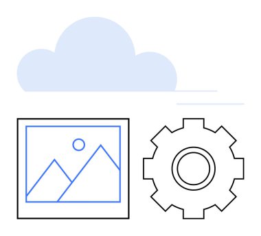 Mavi bulut, çerçeveli dağlı ve güneşli fotoğraf ikonu, entegrasyon ayarları için teçhizat. Veri depolama, dijital hizmetler, teknoloji, fotoğraf arşivleri, bulut hesaplama, dijital iş akışı için ideal