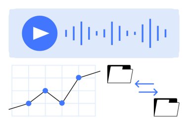 Ses dalga biçimi ile oynat, veri noktaları ile satır grafiği, ve bilgi alışverişinde bulunan iki dizin. Ses işleme, veri paylaşımı, analitik, dosya yönetim sistemleri, teknoloji, dijital için ideal