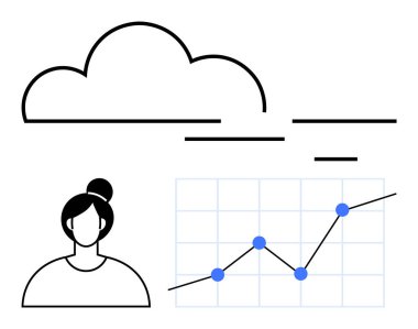 Yukarıda bulut, kadın silueti, düğümlü çizgi grafiği yükseliyor. Teknolojik yenilik, analitik, bulut hesaplama, büyük veriler, iş büyümesi, dijital gelecek soyut çizgisi düz metaforu için ideal