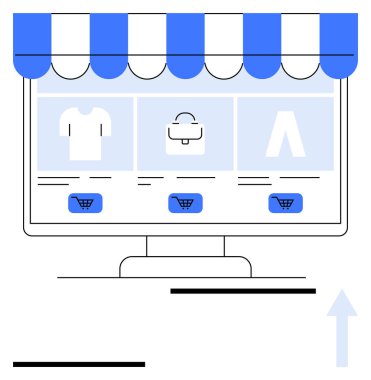 Mağaza önü güneşliği, giysi ve çanta resimleri olan masaüstü monitörü, alışveriş arabası simgeleri. E-ticaret için ideal, çevrimiçi perakende, dijital mağazalar, UI tasarımı, web alışverişi, minimalizm soyut çizgi