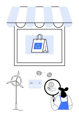 Yenilenebilir enerji rüzgar türbini, ödeme süreci ve sürdürülebilirlik ile çevre dostu alışverişi entegre eden küçük işletmeler. Yeşil işletmeler, ecommerce, ödemeler, yenilik ve finans için ideal