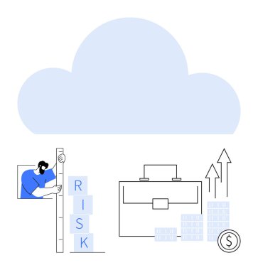 Risk bloklarını istifleyen adam, bulut sembolü, evrak çantası ve yükselen ok grafikleri, bozuk para yığınları. Finansal planlama, risk yönetimi, iş stratejisi, analiz, bulut teknolojisi yatırımı için ideal