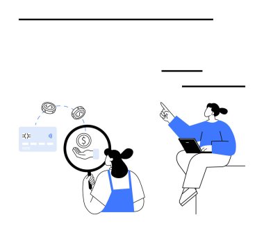 Kadınlar para akımlarını ve ödemeleri analiz etmek için dijital cihazlar kullanıyorlar. Biri bir kredi kartı ve dolar işaretlerini büyüteçle inceliyor, diğeri ise dizüstü bilgisayar kullanarak. Finansal için ideal