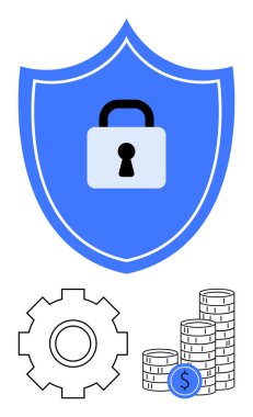 Ortasında asma kilit olan mavi bir kalkan, siyah dişli ve bozuk para desteleri. Veri güvenliği, finans, teknoloji, risk yönetimi, fintech kavramları, dijital güvenlik ve soyut çizgi düz metaforu için ideal