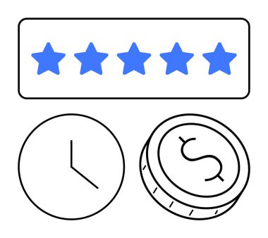 Art arda beş mavi yıldız, minimalist saat ve dolar işaretli bozuk para iş, finans, müşteri değerlendirmeleri, zaman yönetimi, memnuniyet, verimlilik, hedef belirleme için idealdir. Satır metaforu