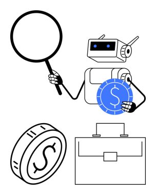 Robot elinde büyüteç ve para tutuyor, finans ve analizi sembolize ediyor. İçinde madeni para, evrak çantası, yapay zeka ve para yönetimi var. Fintech, AI araçları, fintech entegrasyonu ve soyut için ideal