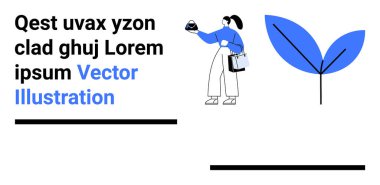 Çanta taşırken iki yapraklı mavi bir bitkinin yanında duran biri. Sürdürülebilirlik, teknoloji, yenilik, yaşam tarzı, minimalizm, ekoloji, düz iniş sayfası afişi için ideal