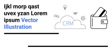 Bulut, yenilik, iletişim ve ayarlar için simgelerle etiketlenmiş CRM. Kartlı dijital cüzdanın yanında. Teknoloji, finans, dijital çözümler, iş akışı, SaaS bulut hesaplaması için ideal