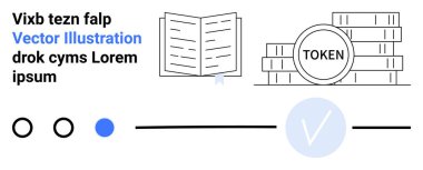 Yer tutucu metin ve ilerleme göstergeleriyle birlikte bir yığın jetonun yanında açık kitap simgesi. Finans, dijital para birimi, e-öğrenme, belgeler, ilerleme takibi, kavramsal