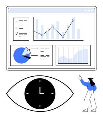 Grafikler, grafikler, pasta grafiği ve çizgi grafiği bir torpido gözünde gösteriliyor. Gözdeki saat üretkenliği ve odaklanmayı sembolize eder. İş için ideal, analitik, zaman yönetimi, izleme hedefi