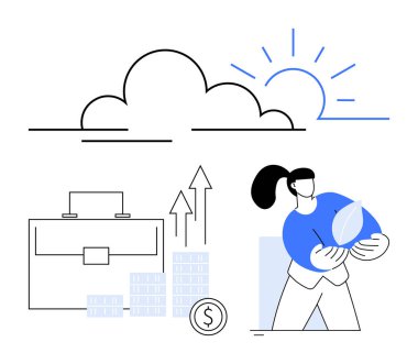 Elinde bitki tutan kadın, büyüyen oklar, para yığınları, evrak çantası, güneş, bulut. Ticari büyüme, mali planlama, çevre dostu yatırımlar için ideal sürdürülebilirlik yükselen eğilimler gelecekteki başarı eğilimleri