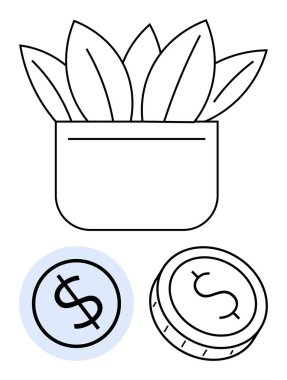 Çömlek bitkisi yuvarlak bir madeni paranın yanında büyümeyi ve USD sembollü mavi sikke hatlarını temsil eder. Yatırım büyümesi, finans, tasarruf, çevre dostu yatırım, iş geliştirme, zenginlik için ideal