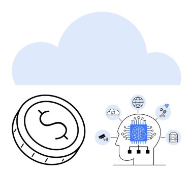 Bozuk para ve insan kafası ile büyük bulut şekli yapay zekayı resmediyor, daha küçük teknoloji simgeleriyle bağlanıyor. Finans, teknoloji, yapay zeka, bulut hesaplama, iş dünyası, yenilik, veri