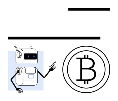 Robot büyük Bitcoin sembolünü işaret ediyor iki siyah çizgi, mavi ve beyaz renk şeması. Kripto para birimi, teknoloji, finans, dijital para birimi, yapay zeka, yatırım, minimalizm için ideal. Satır metaforu