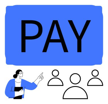 Cesur Ödeme mesajı, denetçi jestler kullanarak ekibe açıklama yapıyor. İdeal insan kaynakları, maaş bordrosu, finans, takım koordinasyonu, maaş yönetimi, iletişim, soyut düz metafor