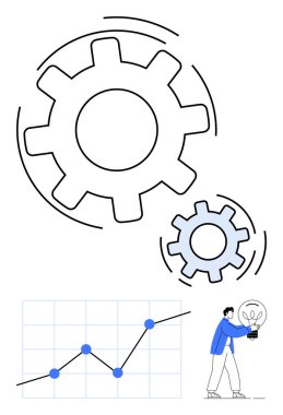 Büyük vitesler birbirine bağlı, büyümeyi gösteren grafikler, elinde ampul tutan biri. Takım çalışması, yenilik, büyüme, problem çözme, strateji, üretkenlik soyut çizgi düz metaforu için ideal