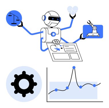 Birden fazla kolu olan robot kalp dişli veri grafiği ile denge teknolojisi yapay zeka, sağlık, endüstri, analitik ve yenilik tasvir ediyor. Otomasyon için ideal, robotik, teknoloji eğilimleri, endüstriyel