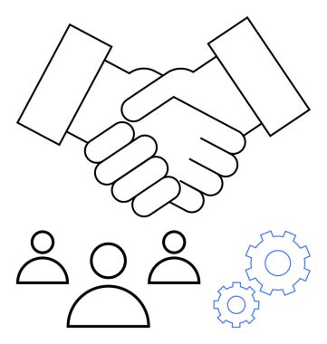 Takım siluetleri ve vites simgelerinin üzerinde el sıkışma sembolü. İşbirliği, takım çalışması, ortaklıklar, ağ oluşturma, anlaşmalar, proje yönetimi, iş akışı için ideal. Soyut çizgi düz metafor