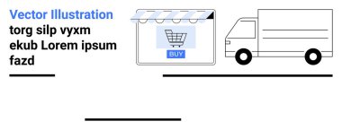 Alışveriş arabası ikonu, satın alma düğmesi ve teslimat kamyonu olan bir mağaza önü. E-ticaret, lojistik, çevrimiçi alışveriş, dağıtım hizmetleri, perakende satış, mobil ticaret düz iniş sayfası afişi için ideal
