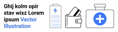 Pil göstergesi, cüzdan kartı ve çapraz sembollü sağlık çantası. Sağlık, finans, teknoloji, acil durum, dijital cüzdanlar, elektrik idaresi sağlık hizmetleri için idealdir. İniş sayfası