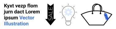 Siyah ok işaretli satış, parlayan ampul, ve fiyat etiketli çanta perakende, satış, marka. İndirim, alışveriş, yenilik, reklam pazarlama e-ticaret sahanlığı için ideal