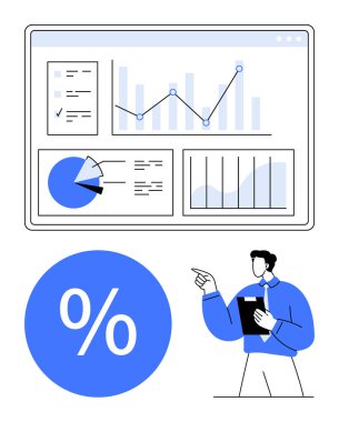 İşadamı dijital torpido gözündeki veriye grafikler, grafikler ve pasta grafiğiyle bakıyor. Mavi yüzde sembolü gösterildi. İş analizi, finans, istatistik, veri görselleştirme ve raporlama için ideal