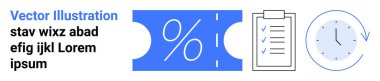 Yüzdelik işaretli bilet, işaretli görevleri olan kontrol listesi, zaman kavramını gösteren saat. Terfi, planlama, teslim tarihleri, verimlilik indirimleri için ideal. Soyut satır düzlüğü
