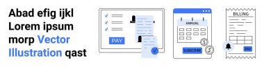 Ödeme formu başvurusu, yıllık abonelik planı arayüzü ve işlem için dijital makbuz. Finansal uygulamalar, e-ticaret, fatura araçları, ödeme sistemleri, çevrimiçi hizmetler için ideal