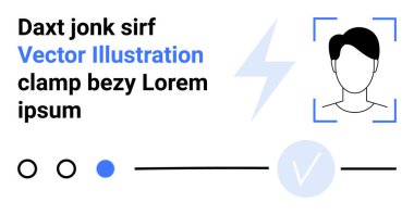 Mavi çerçeveli kafa ve omuz profili, yıldırım, ilerleme göstergeleri, şah işareti. Kullanıcı kimlik denetimi, dijital güvenlik, profil ayarları, tanımlama, doğrulama için ideal