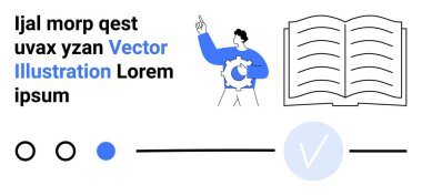 Adam teçhizat, açık kitap ve takip için araç gereçlerle yukarı bakıyor. Eğitim, proje yönetimi, iş stratejisi, öğrenme, yenilik, mesleki büyüme ve süreç için ideal