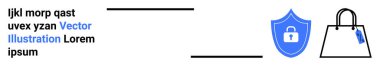Kilit simgesi olan mavi bir kalkan ve fiyat etiketli bir alışveriş çantası. Veri güvenliği, çevrimiçi alışveriş, şifreleme, gizlilik, e-ticaret koruması, siber güvenlik ve güvenli işlemleri temsil ediyor. İdeal