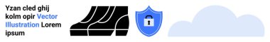 Akan veri hatları, mavi kalkan ikonu ve asma kilit ile güvenli bulut hesaplaması. İnternet güvenliği, veri koruması, yazılım güvenliği, dijital platformlar, bulut çözümleri, çevrimiçi mahremiyet, düz