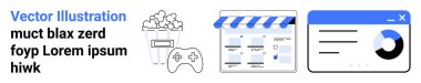 Patlamış mısırlı oyun kumandası, tenteli ve web sayfalı mağaza önü, veri görselleştirmeleri olan analitik torpido gözü. Medya, eğlence, e-ticaret, oyun, veri analizi, pazarlama ağı için ideal