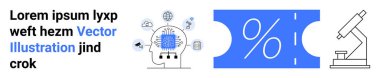 Baş yapay zeka çipi ve sinirsel ağa sahip, yüzde indirimli indirim kuponu ve mikroskop. Yapay zeka, yenilik, eğitim, araştırma, ticaret teknolojisi ve indirimler için idealdir. Soyut çizgi düz metafor