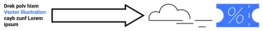 Siyah çizgili ok, yüzdelik işaretli mavi kupona yol açan minimum bulut dizaynına işaret ediyor. Alışveriş, indirim, e-ticaret, tasarruf, bulut hizmetleri, işlemler, soyut düz çizgi için ideal