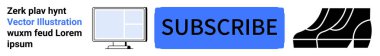 Ana hatları ve soyut siyah ayakkabı şekillerini görüntülemek için mavi abone tuşu. E-ticaret, abonelik hizmetleri, teknoloji, pazarlama, eylem çağrısı, kullanıcı arayüzü, düz iniş sayfası için ideal