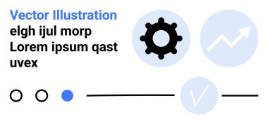 Vites simgesi ayarları, yukarı doğru grafiği büyümeyi simgeliyor, tamamlama için kontrol işareti, artı çeşitli daireler ve çizgiler. İş uygulamaları, proje izleme, optimizasyon araçları, iş akışı için ideal