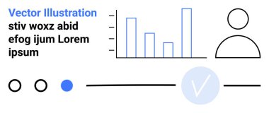 Çubuk çizelgesi, kullanıcı profili simgesi, işaretleme işareti ve geometrik şekiller. Metin tutucu sol tarafta çizgiler ve renk çemberleriyle. Veri sunumu, kullanıcı arayüzü, analitik, web tasarım işi için ideal