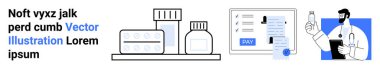 İlaç şişeleri, haplar, dijital ödeme ekranı ve reçeteli doktor. Sağlık hizmetleri, teletıp, ilaç pazarlama, e-reçeteler, çevrimiçi tıbbi danışmanlık için ideal