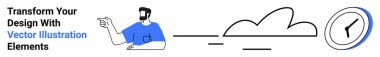 Doğrusal bulut ve saati gösteren adam tasarım fikirlerini ve zaman yönetimini destekliyor. Yaratıcılık, üretkenlik, zaman kavramı, verimlilik, yenilik, minimalizm, düz iniş sayfası afişi için ideal