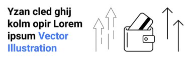 Cüzdanı kredi kartıyla birlikte yukarı doğru ok ve yer tutucu metni. Finans, güvenlik, bankacılık, tasarruflar, yatırımlar, ekonomik büyüme, iş zenginliği için idealdir. İniş sayfası