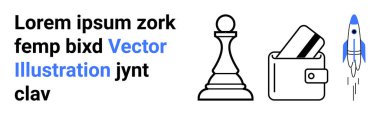 Satranç taşı stratejiyi temsil eder. Kartlı cüzdan, finans anlamına gelir. Roket fırlatma yeniliği simgeler. İş stratejisi, mali planlama, fintech, yenilik, girişimler, büyüme için ideal