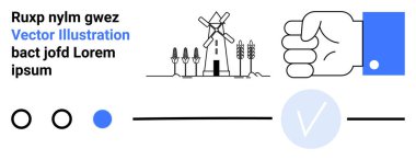 Yel değirmeninin ve buğday tarlalarının yanında el, siyah ve mavi noktalı seçim arayüzü elementleri, yer tutucu metin, yatay çizgiler, daire şeklinde kontrol işareti. Onay için ideal