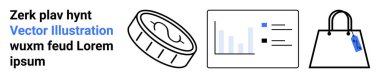 Parayı sembolize eden sikke, veri içgörüleri için grafiklerle gösterge paneli, perakende temalar için etiketli alışveriş çantası. E-ticaret, pazarlama, analitik, finans, çevrimiçi alışveriş, yatırım dairesi için ideal