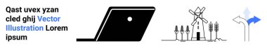 Laptop taslağı, ağaçlı yel değirmeni ve yön işareti. Teknoloji için ideal, sürdürülebilirlik, yenilenebilir enerji, karar verme, navigasyon, sadelik modern tasarım soyut çizgi düz metafor